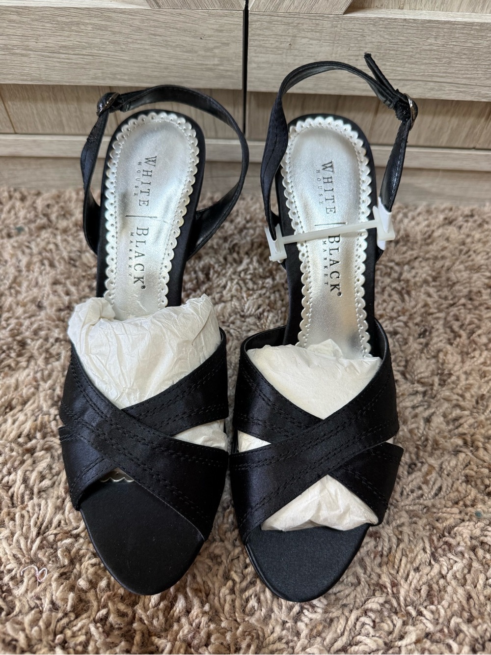 White House Black Market-  Black Crisscross Satin slingback Strap Heels (9)-NWOT
